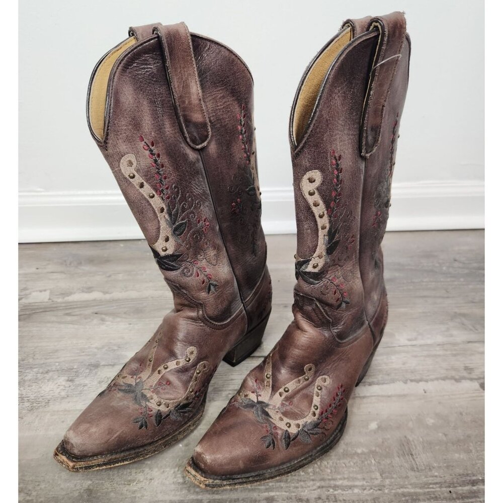 Old Gringo Yippee Ki Yay Boots Women's Sz. 6.5 B Brown Leather Horse Shoe Floral